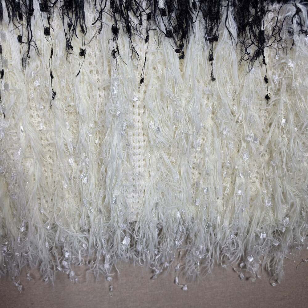 color block black and white Frilly boat neck long fringe Sweater Size Large soft - Picture 11 of 11